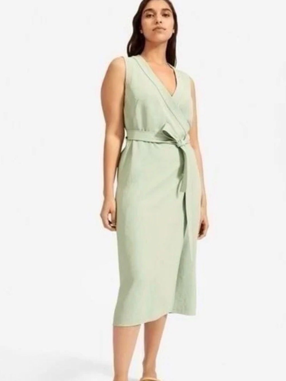 Everlane Sleeveless Wrap Midi Dress in Sage Green-12